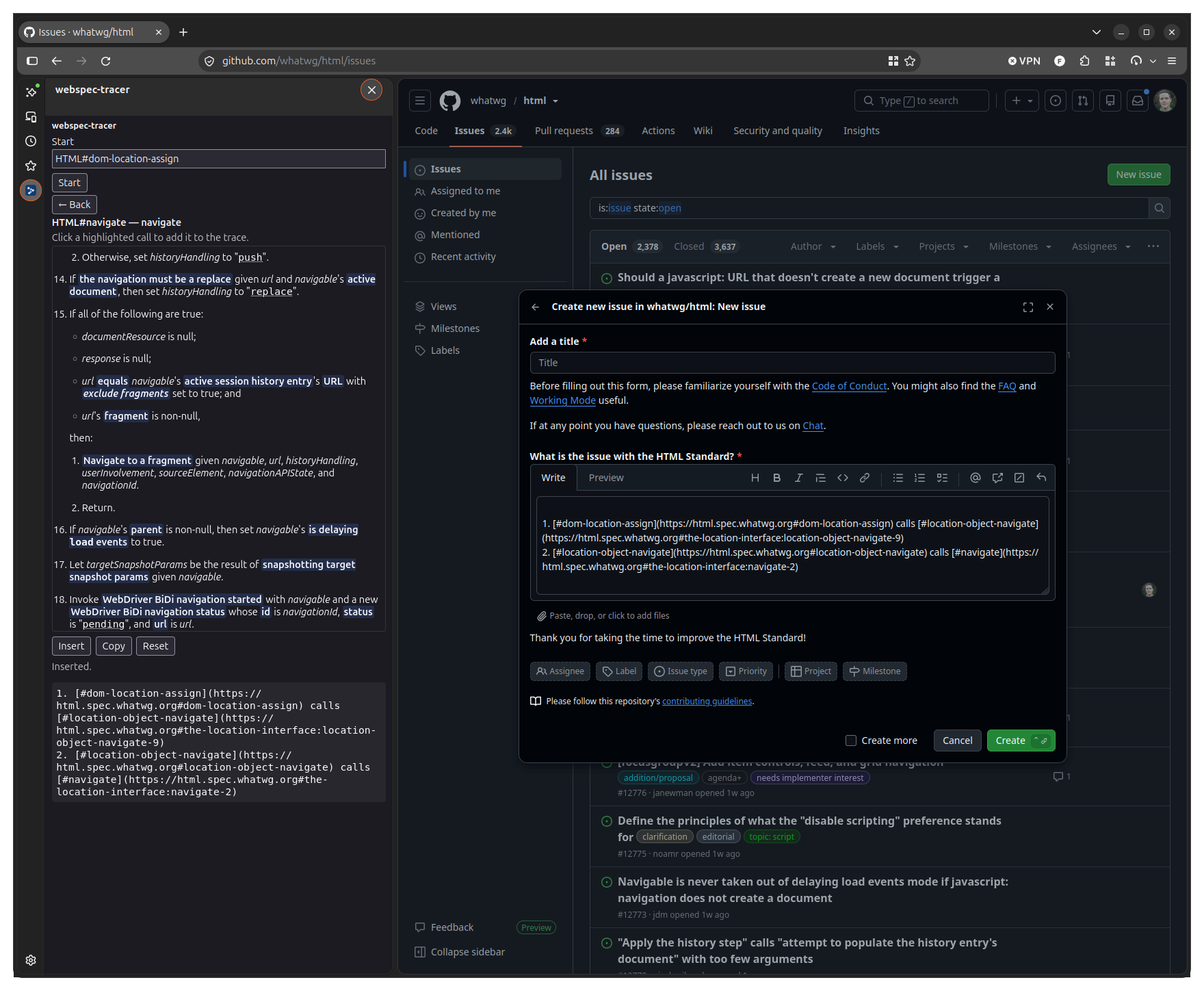 The WebSpec Tracer sidebar showing the navigate algorithm, with the linked terms in each step highlighted, next to a GitHub issue form containing the trace so far as markdown