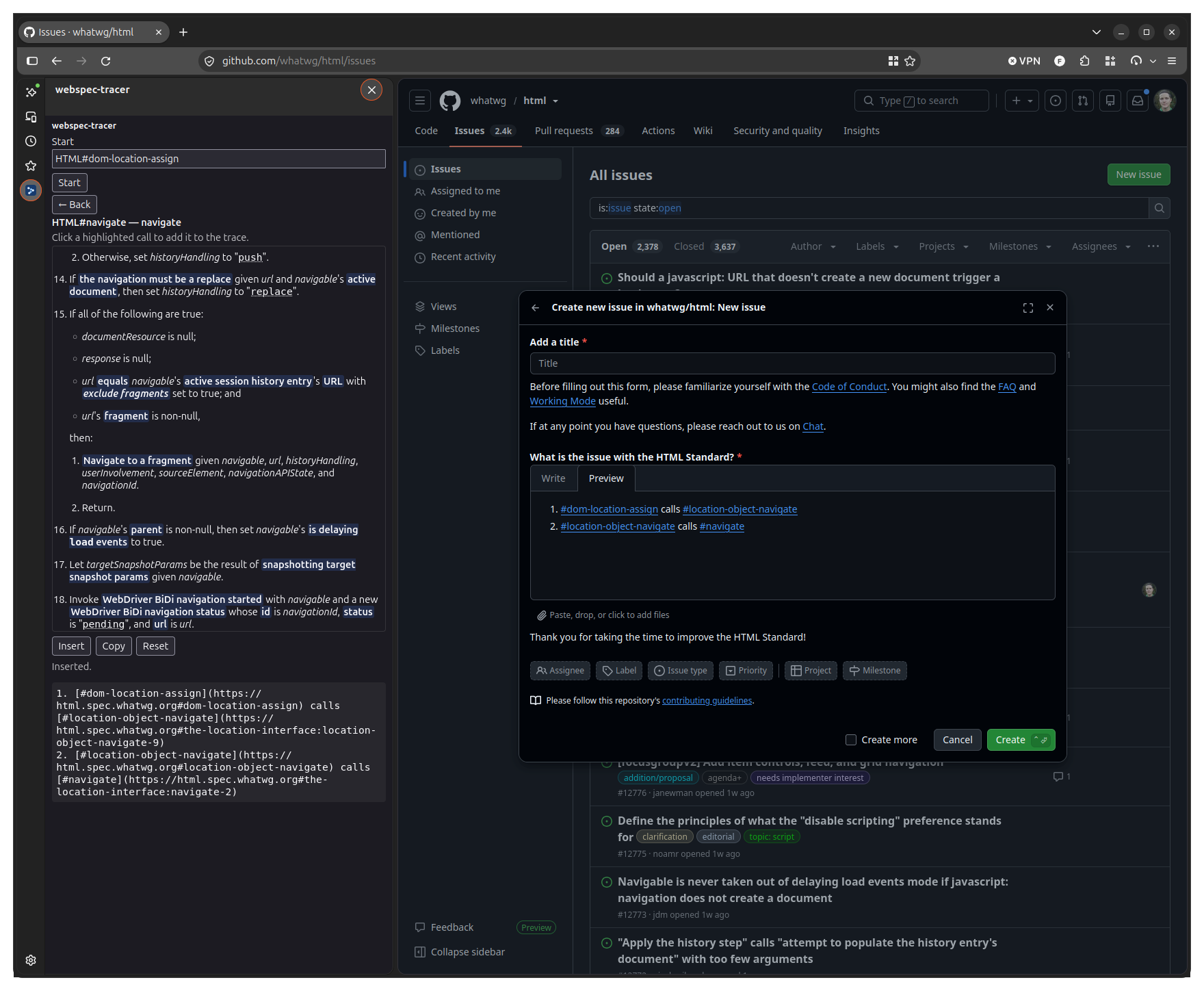 The same panel, with the GitHub issue switched to the Preview tab, showing the two hops rendered as linked spec anchors